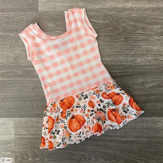 Pink Gingham + Pumpkin Floral Skirted Leo 3T